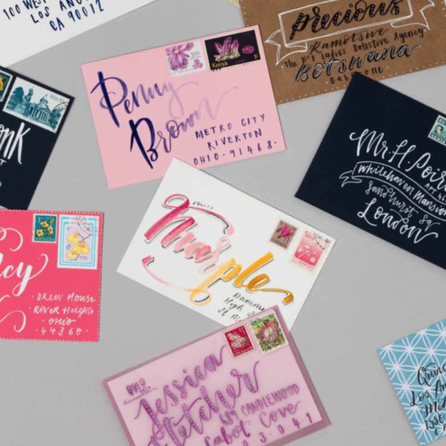 Brush lettered envelopes project from Brush Lettering © Rebecca Cahill Roots 2019